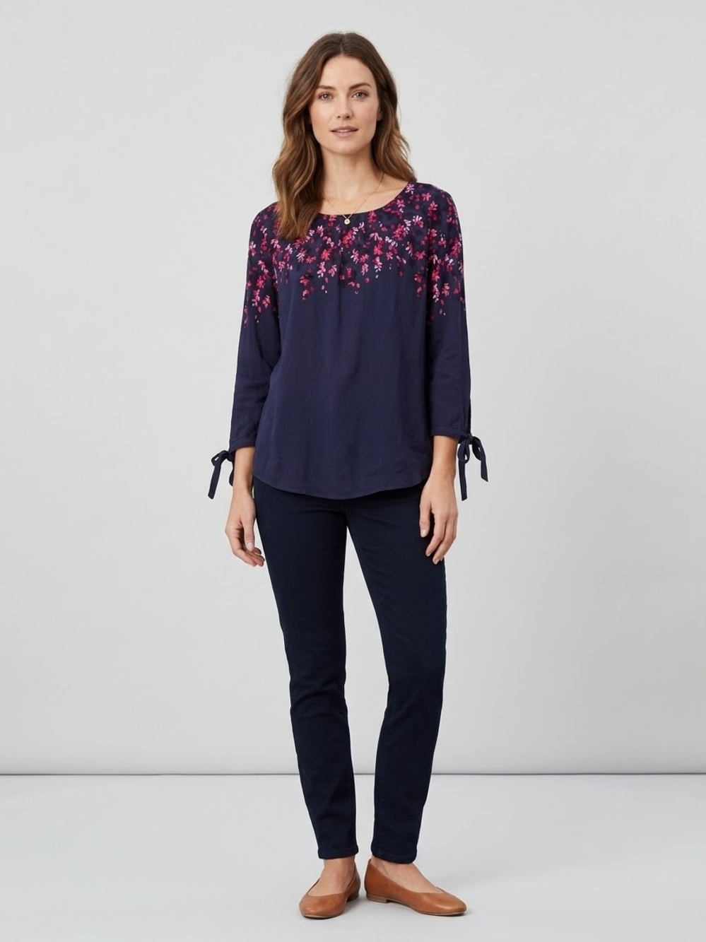 Joules Navy Top with Pink Floral Yoke and Tie Sleeves